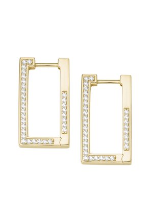 Paar goldene rechteckige Creolen mit Reihen kleiner runder klarer Diamanten entlang zweier Kanten.
