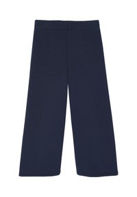 Navy blue, wide-leg pants made of soft fabric, featuring an elastic waistband and a smooth texture, no visible patterns or embellishments.