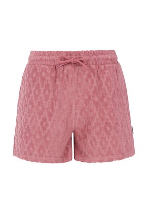 Roze shorts van een gestructureerde badstof met een geometrisch patroon, voorzien van een elastische tailleband en trekkoord voor aanpassing.