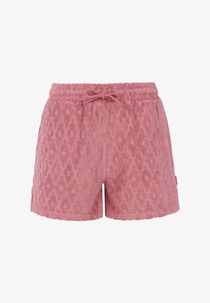 Roze shorts van een gestructureerde badstof met een geometrisch patroon, voorzien van een elastische tailleband en trekkoord voor aanpassing.