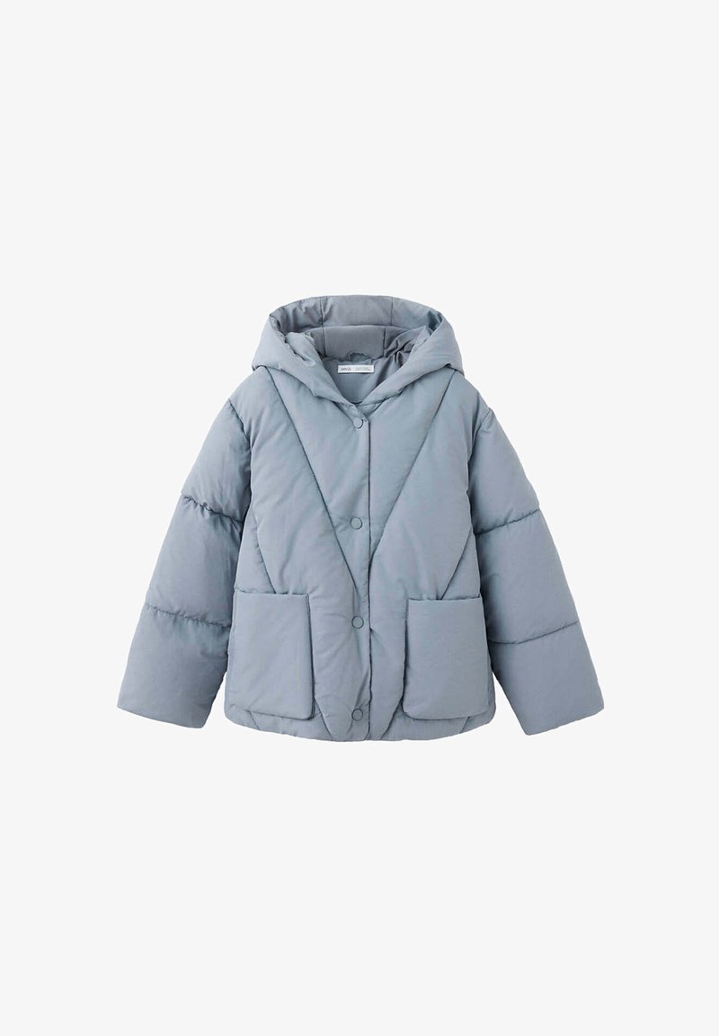 Veste matelassée à capuche bleu clair avec boutons-pression et deux poches avant, conçue pour temps froid.