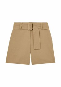 Khaki linnen shorts met een brede riem, voorzien van een vierkante gesp en een ontspannen pasvorm, met een op maat gemaakte taille en twee voorzakken.