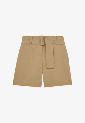 Shorts en lin khaki avec une large ceinture, dotée d'une boucle carrée et d'une coupe décontractée, taille ajustée et deux poches avant.