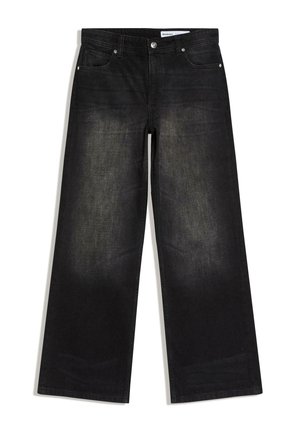 Zwarte jeans met wijde pijpen, vijf zakken, riemlussen en een knoop- en ritssluiting, met lichte vervaagde details op de dijen.