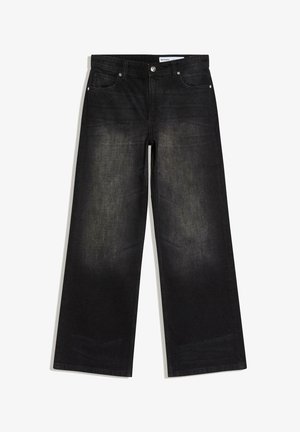 Črne široke kavbojke s petimi žepi, zankami za pas, gumbom in zadrgo, z rahlim bledenjem na stegnih.