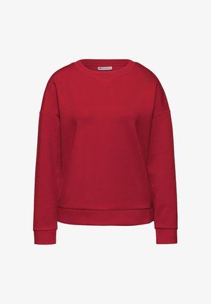 Röd sweatshirt med rund halsringning, design med sänkt axel, ribbade muddar och nederkant. Tillverkad av mjukt tyg med en slät textur.