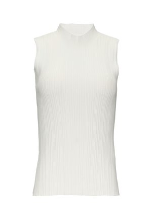 Biała bezrękawnik z wysokim dekoltem, o prążkowanej teksturze i dopasowanym kroju.