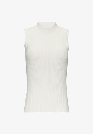 Witte mouwloze top met een hoge halslijn, featuring een geribbelde textuur en een nauwsluitende silhout.