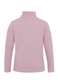Maglione di pile rosa chiaro con colletto alto, maniche lunghe e una texture morbida. Superficie liscia senza motivi o dettagli visibili.