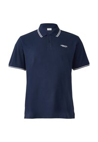 Marineblaues Poloshirt aus strukturiertem Stoff, mit weißem Besatz am Kragen und an den Ärmeln sowie einem kleinen gestickten Logo auf der Brust.
