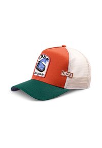 Baseball cap featuring a rust top, white mesh sides, green brim, and embroidered "SURF ABU DHABI" logo on front.