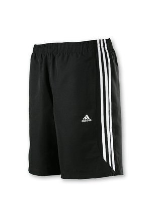 Czarne sportowe spodenki Adidas z elastycznym pasem i trzema białymi pionowymi paskami po bokach.