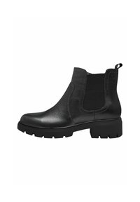 Black leather Chelsea boots with elastic side panels, rounded toe, and a sturdy rubber sole featuring a textured tread for grip.