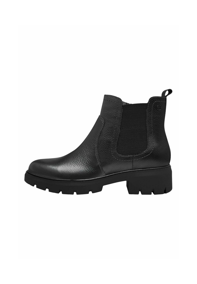 Black leather Chelsea boots with elastic side panels, rounded toe, and a sturdy rubber sole featuring a textured tread for grip.
