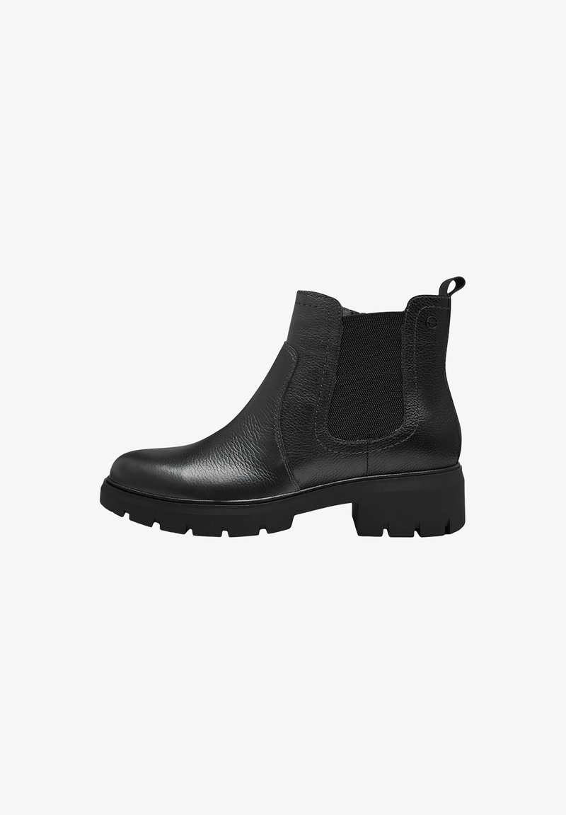 Botas Chelsea de cuero negro con paneles laterales elásticos, puntera redonda y una suela de goma resistente con un dibujo texturizado para mayor agarre.