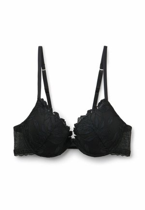 Soutien-gorge en dentelle noire avec motif floral, bonnets moulés, bretelles réglables et bordure festonnée. Fabrication en tissu lisse et doux.