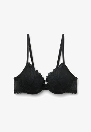 Soutien-gorge en dentelle noire avec motif floral, bonnets moulés, bretelles réglables et bordure festonnée. Fabrication en tissu lisse et doux.