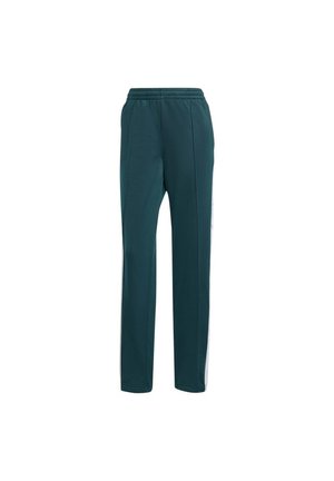 Donker petrolkleurige rechte broek met elastische tailleband en subtiele verticale naaddetails, weergegeven op een witte achtergrond.