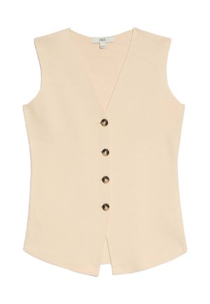 Chaleco de punto beige claro con escote en V, que cuenta con cinco botones oscuros en el frente y un dobladillo ligeramente acampanado. Textura suave y diseño sin mangas.