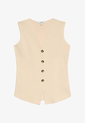 Helles beiges gestricktes Top mit V-Ausschnitt, ausgestattet mit fünf dunklen Knöpfen auf der Vorderseite und einem leicht ausgestellten Saum. Glatte Textur und ärmelloses Design.
