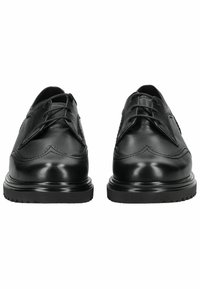 Schwarze Lederschuhe mit glatter Oberfläche, runder Zehenform, geraden Schnürsenkeln, dekorativer Stickerei und strukturiertem Gummisohle.