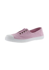 Scarpa slip-on di tela rosa chiaro con punta e suola in gomma bianca; presenta occhielli in metallo e una suola testurizzata per migliorare la presa.