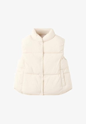 Smanicato imbottito trapuntato color bianco sporco, senza maniche, con collo alto e chiusura frontale con bottoni a pressione.