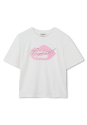 White short-sleeve t-shirt featuring a pink lip graphic and metallic text saying "Rykiel." Made of cotton, smooth texture.