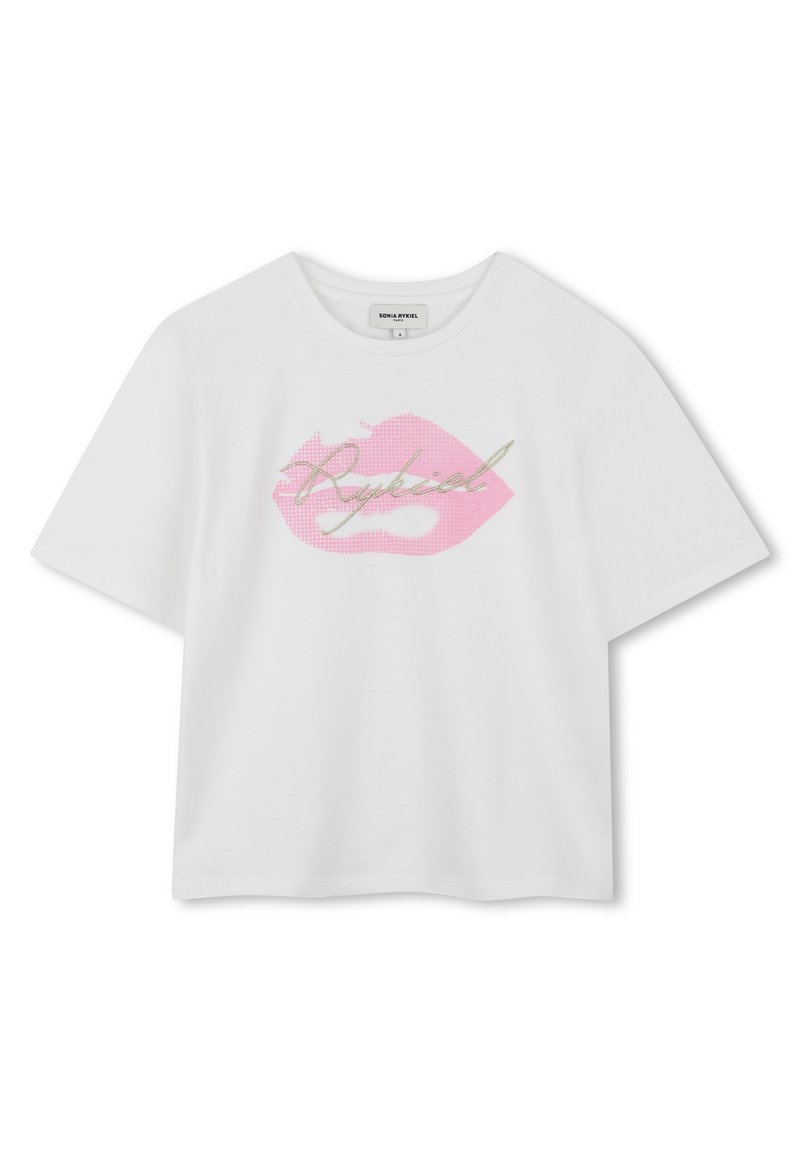Witte t-shirt met korte mouwen met een roze lippenafbeelding en metallic tekst die "Rykiel" zegt. Gemaakt van katoen, met een gladde textuur.