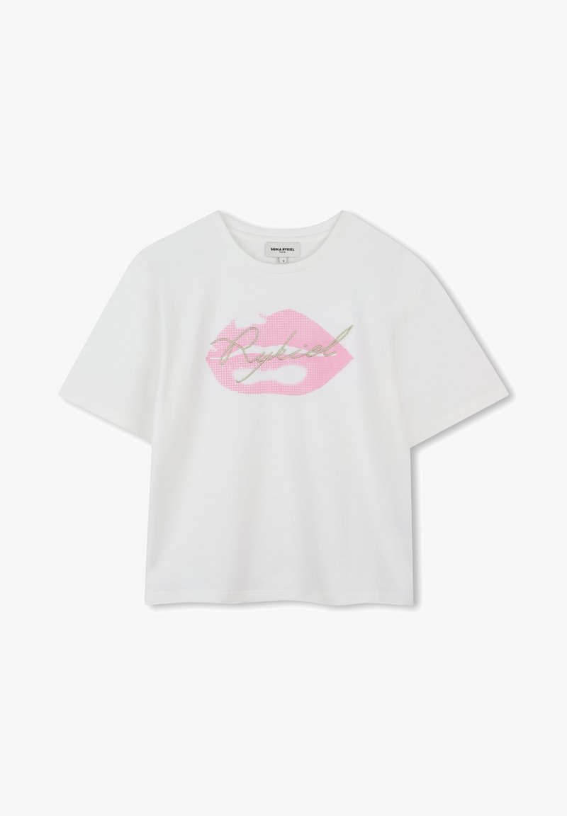 Witte t-shirt met korte mouwen met een roze lippenafbeelding en metallic tekst die "Rykiel" zegt. Gemaakt van katoen, met een gladde textuur.