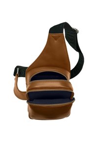 Brown leather crossbody bag with black adjustable strap, two open zippered compartments showing dark interior lining.