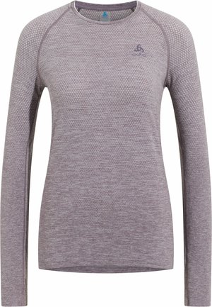 Long-sleeve athletic shirt in light mauve with textured fabric, round neck, and a small logo on the upper left side.