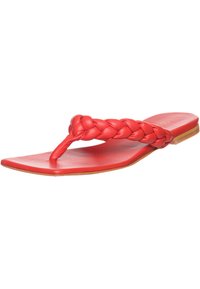 Rode leren flip-flop sandaal met een gevlochten band, platte zool en minimalistisch design. Glad oppervlak en open teenstijl.