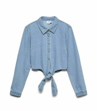 Camicia in denim azzurro chiaro a maniche lunghe, con colletto, chiusura a bottoni frontale e dettaglio annodato in vita. Texture morbida.
