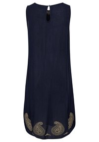 Marinblaues ärmelloses Kleid mit einem Schlüsselrücken-Design. Verfügt über goldene florale Paisley-Stickerei am Saum. Glattes Material, A-Linie-Form.