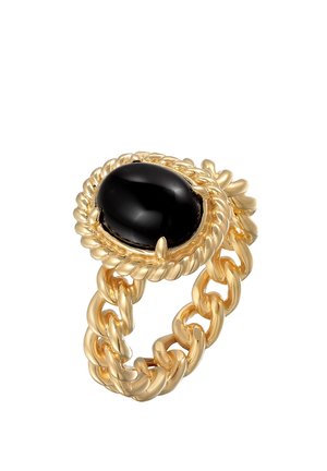 Bague à maillons en or avec une grande pierre précieuse noire ovale sertie dans un chaton style corde torsadée.