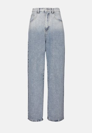 Lyseblå høy midje jeans laget av denim, med en rett ben-design, fire lommer og en rå hem ved ankelen.