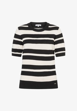 Schwarz-weiß gestreiftes Strickoberteil mit kurzen Ärmeln, Rundhalsausschnitt, geripptem Saum und dezentem Markenlogo unten links.