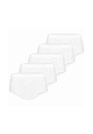 Five plain white high-waist brief-style underwear arranged diagonally on a white background.