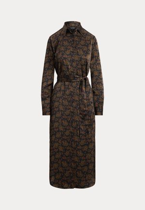 Rochie cu mâneci lungi și guler, din țesătură neagră cu imprimeu paisley în tonuri calde. Dispune de o talie cu brâu pentru un design structurat.