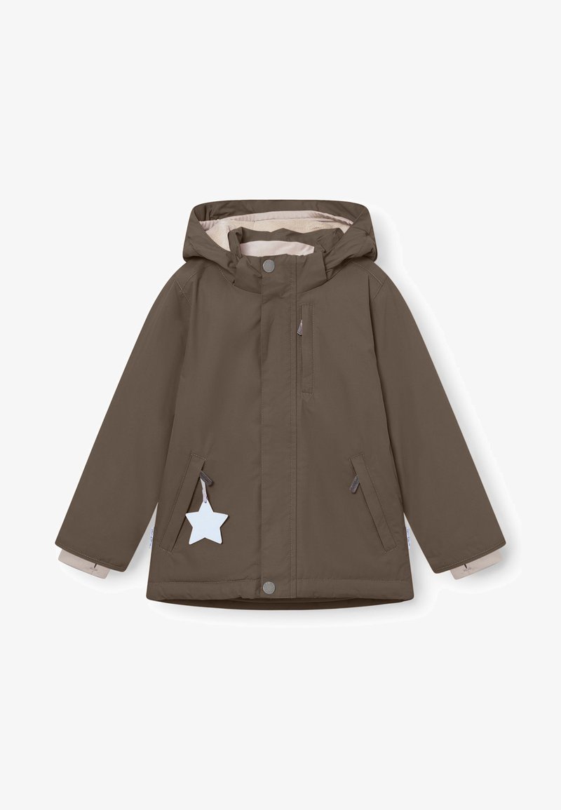 Braune wasserfeste Jacke mit Kapuze, Reißverschluss und Druckknopf-Verschluss, cremefarbiger Futter und sternförmigem Reißverschluss-Zieher. Verfügt über zwei Seitentaschen.