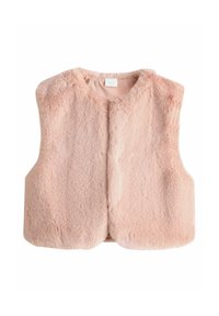 Weicher, rosa ärmelloser Kunstfell-Westen mit rundem Ausschnitt und einem schlichten, kragenlosen Design.