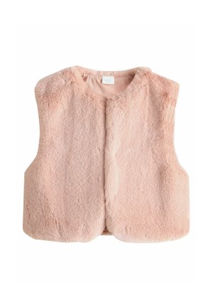 Weicher, rosa ärmelloser Kunstfell-Westen mit rundem Ausschnitt und einem schlichten, kragenlosen Design.