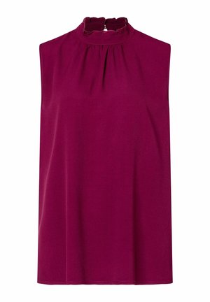 Chemisier sans manches d'un magenta foncé avec un col montant froncé et une coupe ample.