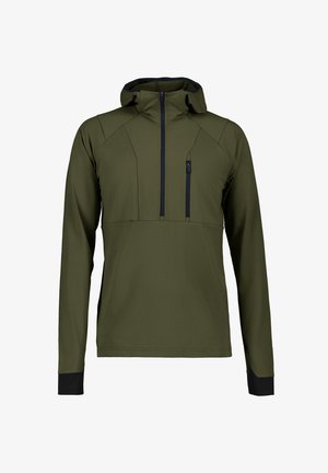 Giacca con cappuccio verde oliva a maniche lunghe, tasca frontale con cerniera nera sul petto e dettagli neri sui polsini, progettata per uso esterno.