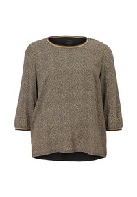 Camiseta de manga larga con un patrón moteado en negro y crema, escote redondo con un ribete dorado y dobladillo curvado para un ajuste relajado.