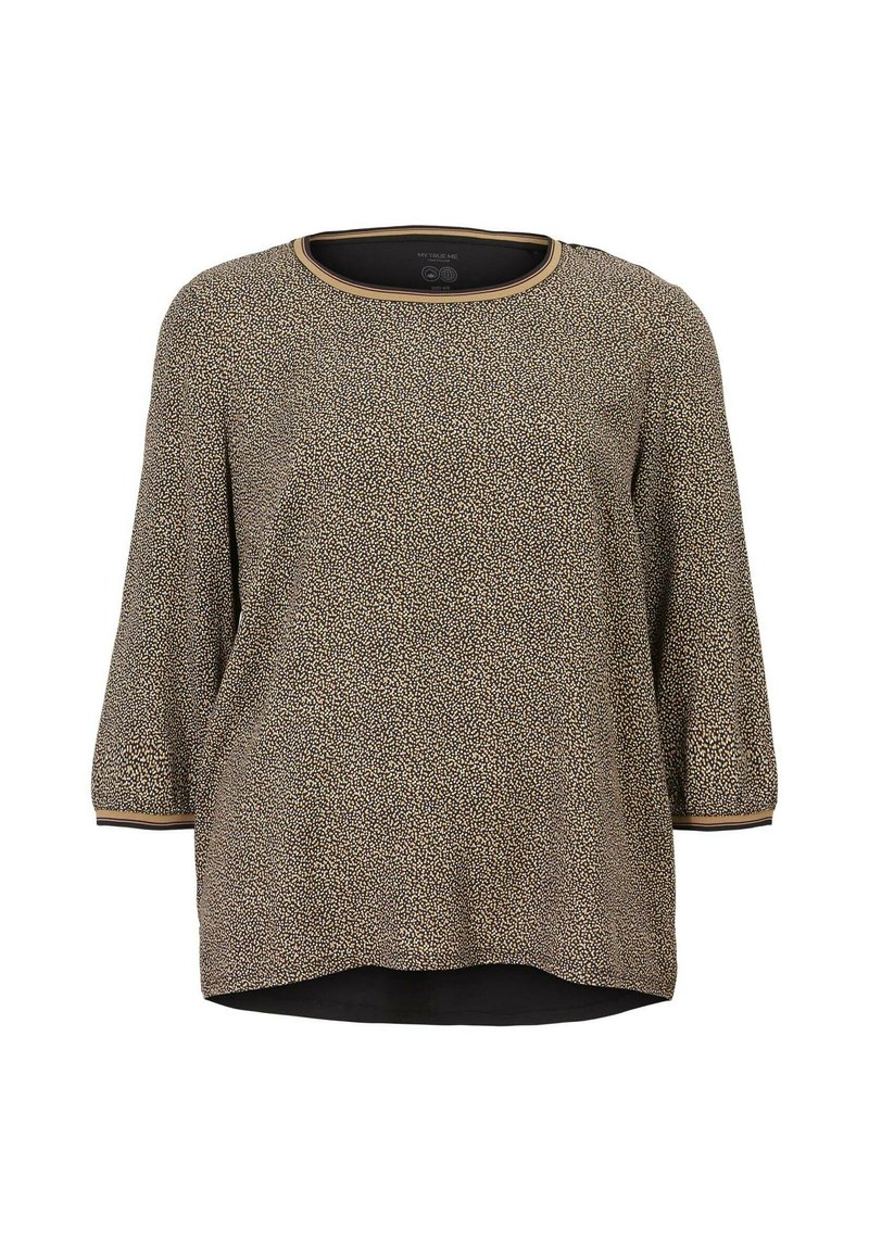 Camiseta de manga larga con un patrón moteado en negro y crema, escote redondo con un ribete dorado y dobladillo curvado para un ajuste relajado.