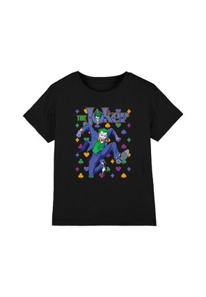 Black T-shirt with colorful graphic of a green-haired Joker in a purple suit jumping, surrounded by card suit symbols and "The Joker" text.