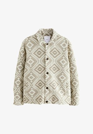 Patterned shirt jacket in off-white with brown geometric designs. Features a collar, button closure, and long sleeves. Made from textured fabric.