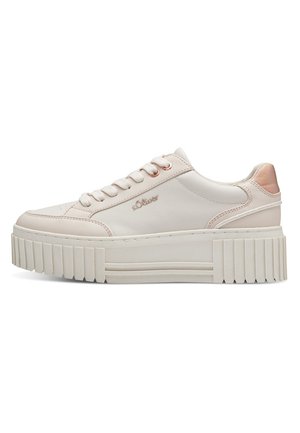 Baskets blanches en simili cuir avec un bout rond, une semelle épaisse striée et un subtil accent rose gold au niveau du talon. Elles sont dotées de lacets plats et d'un logo.